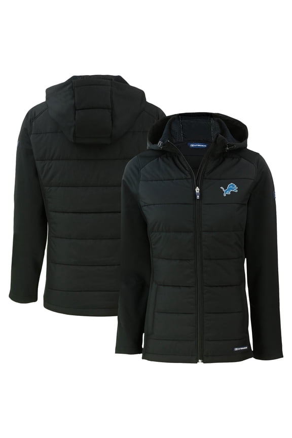 Women's Cutter & Buck Black Detroit Lions Evoke PrimaLoft Hybrid Eco Softshell Recycled Full-Zip Hooded Jacket