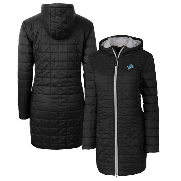 Women's Cutter & Buck Black Detroit Lions Rainier Primaloft Eco Hooded Long Lightweight Coat
