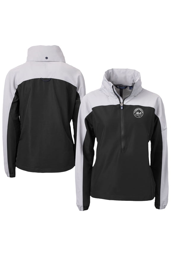 Women's Cutter & Buck Black/Gray New York Mets Charter Eco Recycled Half-Zip Anorak Jacket