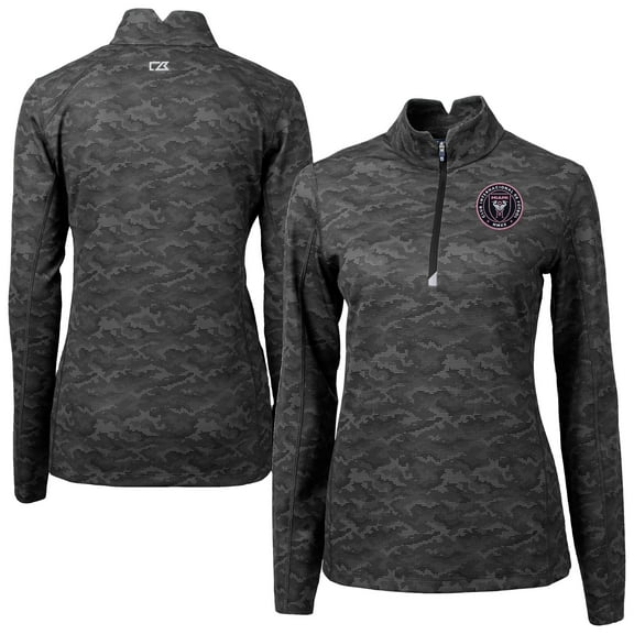 Women's-Cutter & Buck Black Inter Miami CF Traverse Stretch Eco Camo Print Quarter-Zip Pullover Top