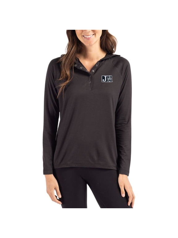 Women's Cutter & Buck Black Jackson State Tigers Coastline Epic Comfort Recycled Hooded Raglan Quarter-Snap Shirt