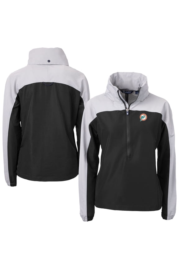 Women's Cutter & Buck Black Miami Dolphins Charter Eco Recycled Half-Zip Hooded Anorak Jacket