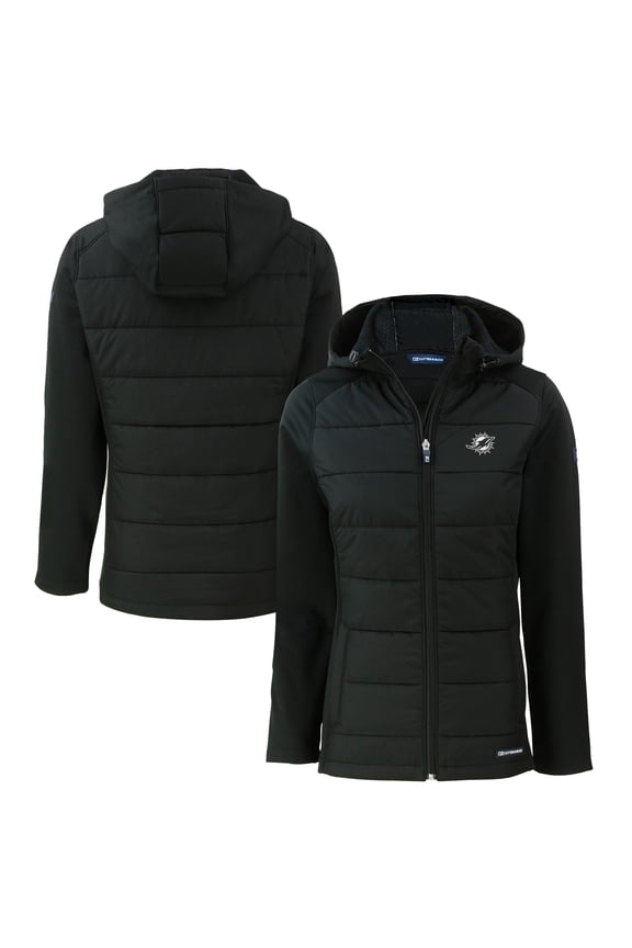 Women's Cutter & Buck Black Miami Dolphins Evoke Hybrid Eco Softshell Recycled Full-Zip Hoodie Jacket