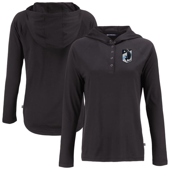 Women's-Cutter & Buck Black Minnesota United FC Coastline Epic Comfort Eco Recycled Quarter-Snap Raglan Hoodie Top