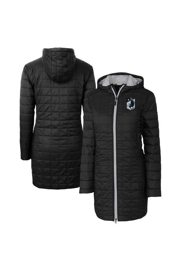 Women's Cutter & Buck Black Minnesota United FC Rainier PrimaLoft- Eco Insulated Hooded Full-Zip Long Coat