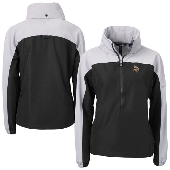 Women's Cutter & Buck Black Minnesota Vikings Charter Eco Recycled Half-Zip Hooded Anorak Jacket