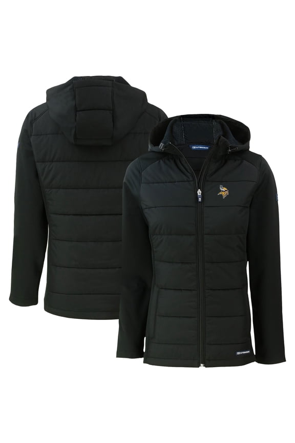 Women's Cutter & Buck Black Minnesota Vikings Evoke PrimaLoft Hybrid Eco Softshell Recycled Full-Zip Hooded Jacket