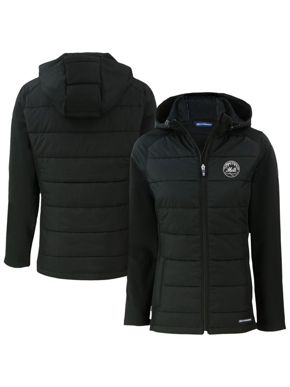 Women's Cutter & Buck Black New York Mets Evoke Hybrid Eco Softshell Recycled Full-Zip Hooded Jacket