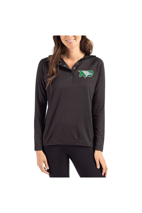 Women's Cutter & Buck Black North Dakota Coastline Epic Comfort Recycled Hooded Raglan Quarter-Snap Shirt