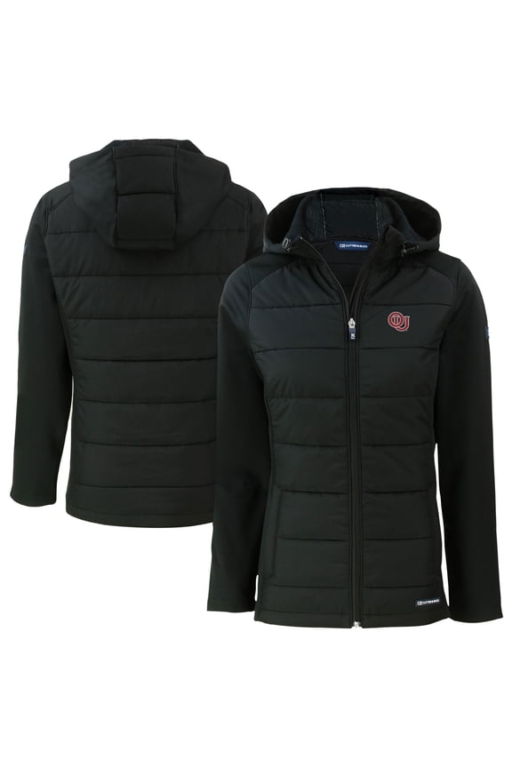Women's Cutter & Buck Black Oklahoma Sooners Vault Evoke Hybrid Eco Softshell Recycled Full-Zip Hooded Jacket