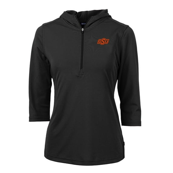 Women's Cutter & Buck Black Oklahoma State Cowboys Virtue Eco Pique 3/4 Sleeve Half-Zip Pullover Hoodie