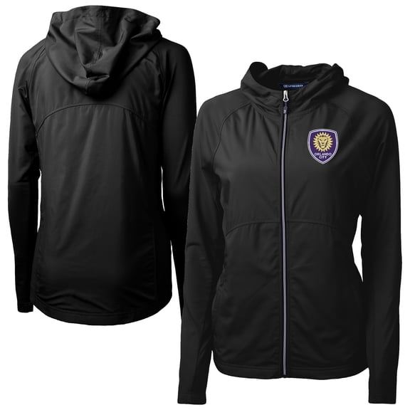 Women's-Cutter & Buck  Black Orlando City SC Adapt Eco Knit Hybrid Recycled Raglan Full-Zip Jacket