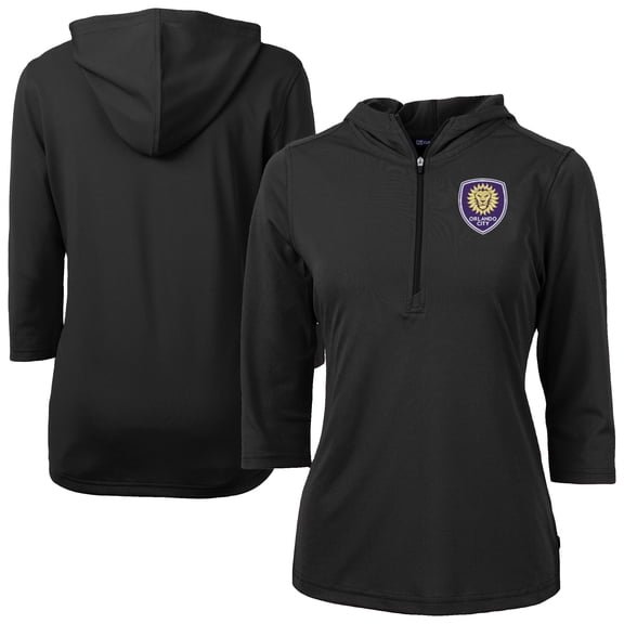 Women's-Cutter & Buck Black Orlando City SC Virtue Eco Pique Recycled Half-Zip Pullover Hoodie