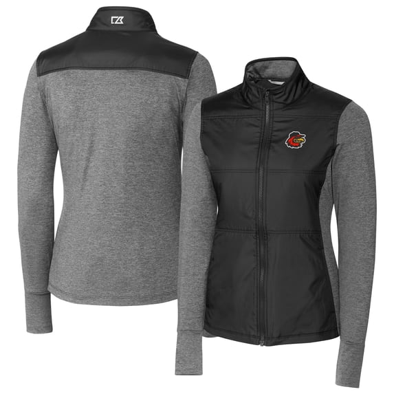 Women's Cutter & Buck Black Rochester Red Wings Stealth DryTec Hybrid Quilted Full-Zip Windbreaker Jacket