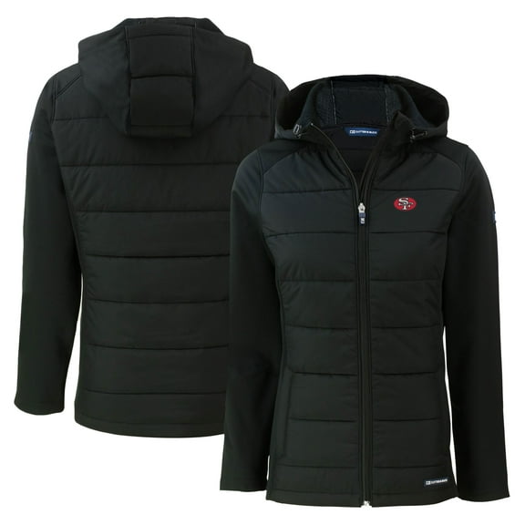 Women's Cutter & Buck Black San Francisco 49ers Throwback Evoke Hybrid Eco Softshell Recycled Full-Zip Hoodie Jacket