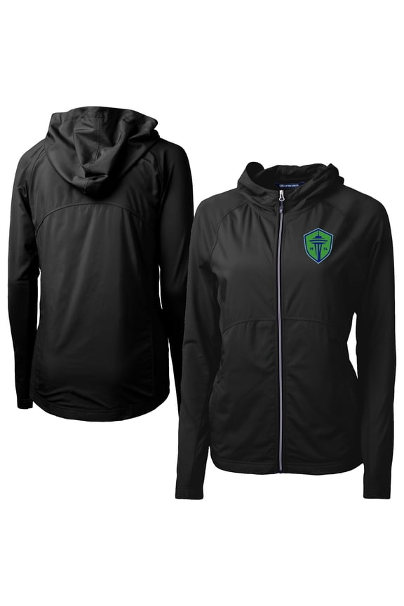 Women's-Cutter & Buck Black Seattle Sounders FC Adapt Eco Knit Hybrid Recycled Raglan Full-Zip Jacket