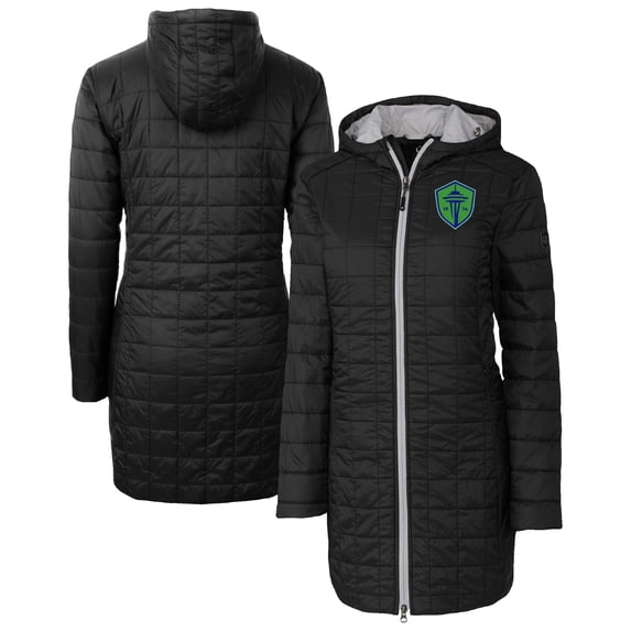 Women's Cutter & Buck Black Seattle Sounders FC Rainier PrimaLoft- Eco Insulated Hooded Full-Zip Long Coat