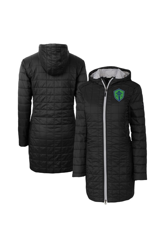 Women's Cutter & Buck Black Seattle Sounders FC Rainier PrimaLoft- Eco Insulated Hooded Full-Zip Long Coat