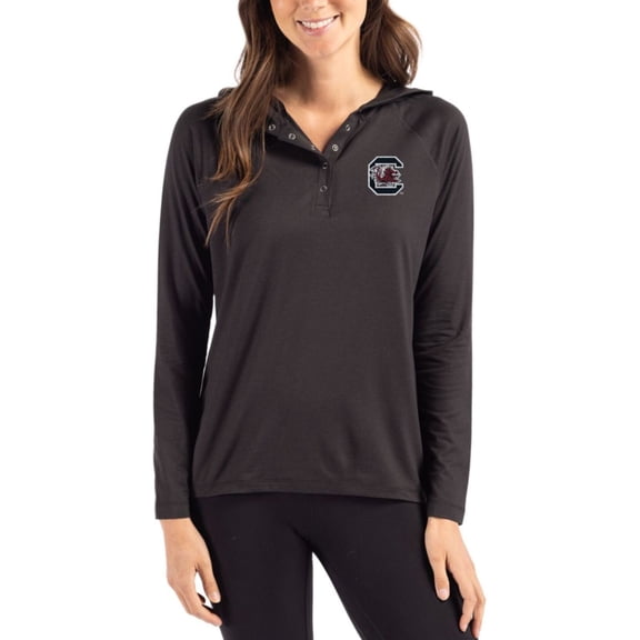 Women's Cutter & Buck Black South Carolina Gamecocks Coastline Epic Comfort Recycled Hooded Raglan Quarter-Snap Shirt