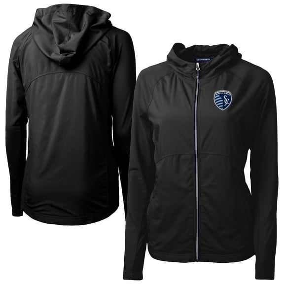 Women's-Cutter & Buck  Black Sporting Kansas City Adapt Eco Knit Hybrid Recycled Raglan Full-Zip Jacket