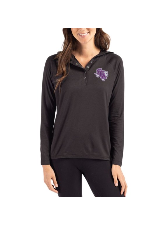 Women's Cutter & Buck Black Stephen F Austin Lumberjacks Coastline Epic Comfort Recycled Hooded Raglan Quarter-Snap