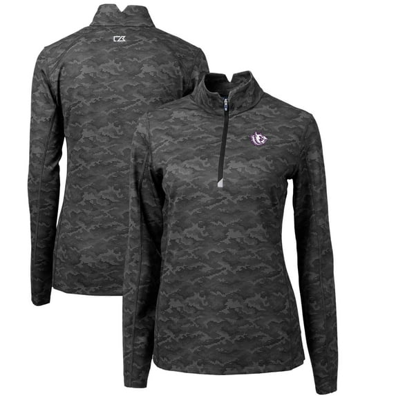 Women's Cutter & Buck Black TCU Horned Frogs Traverse Camo Print Stretch Quarter-Zip Pullover Top