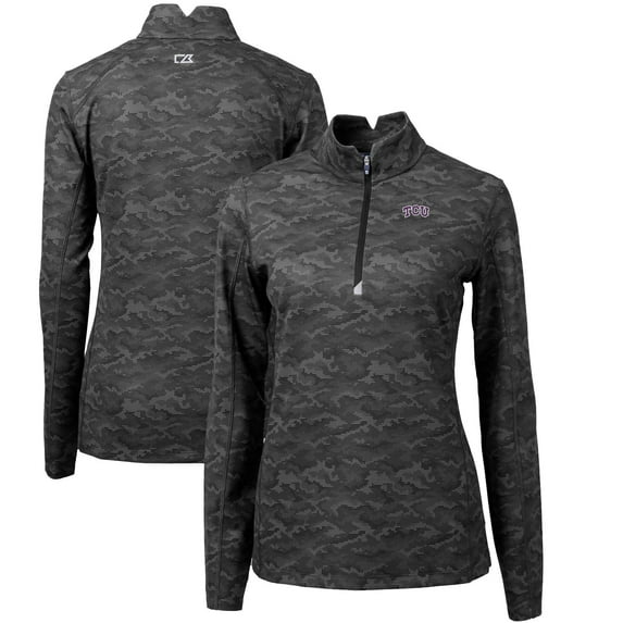 Women's Cutter & Buck Black TCU Horned Frogs Traverse Camo Quarter-Zip Pullover Top