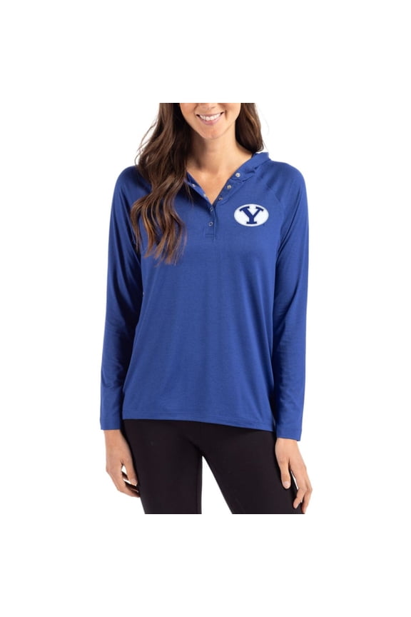 Women's Cutter & Buck Blue BYU Cougars Coastline Epic Comfort Recycled Hooded Raglan Quarter-Snap Shirt