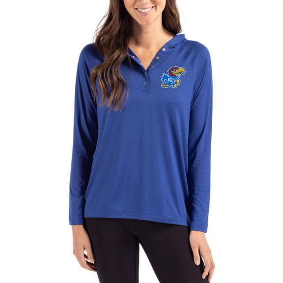 Women's Cutter & Buck Blue Kansas Jayhawks Coastline Epic Comfort Recycled Hooded Raglan Quarter-Snap Shirt