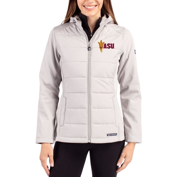 Women's Cutter & Buck Gray Arizona State Sun Devils Evoke Hybrid Softshell Recycled Full-Zip Hooded Jacket