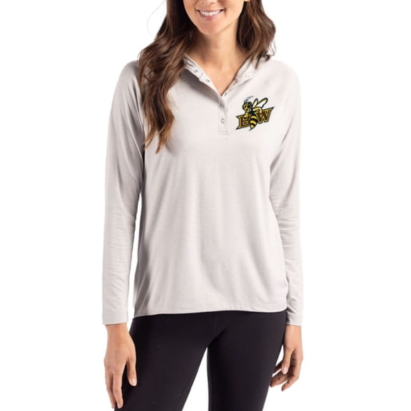 Women's Cutter & Buck Gray Baldwin Wallace Yellow Jackets Coastline Epic Comfort Recycled Hooded Raglan Quarter-Snap