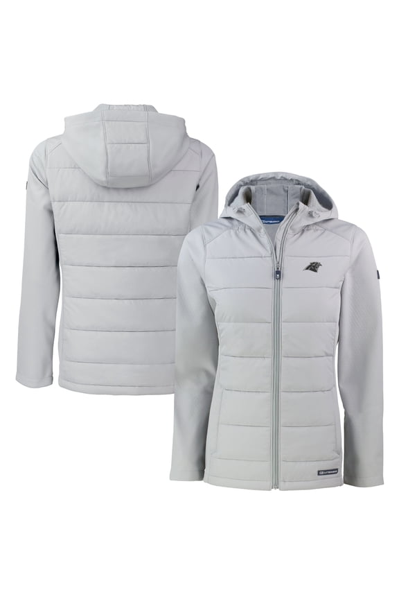 Women's Cutter & Buck Gray Carolina Panthers Evoke Hybrid Eco Softshell Recycled Full-Zip Hoodie Jacket