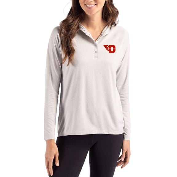 Women's Cutter & Buck Gray Dayton Flyers Coastline Epic Comfort Recycled Hooded Raglan Quarter-Snap Shirt
