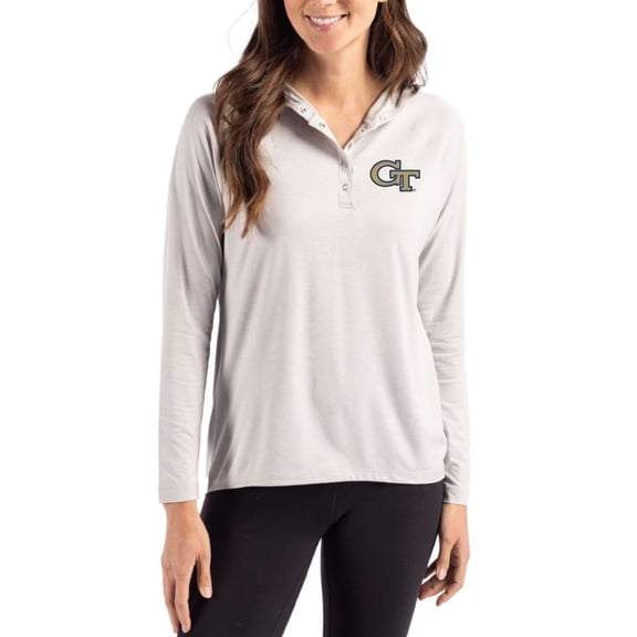 Women's Cutter & Buck Gray Georgia Tech Yellow Jackets Coastline Epic Comfort Recycled Hooded Raglan Quarter-Snap Shirt