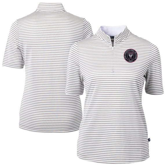 Women's-Cutter & Buck Gray Inter Miami CF Virtue Eco Pique Stripe Recycled Quarter-Zip Top