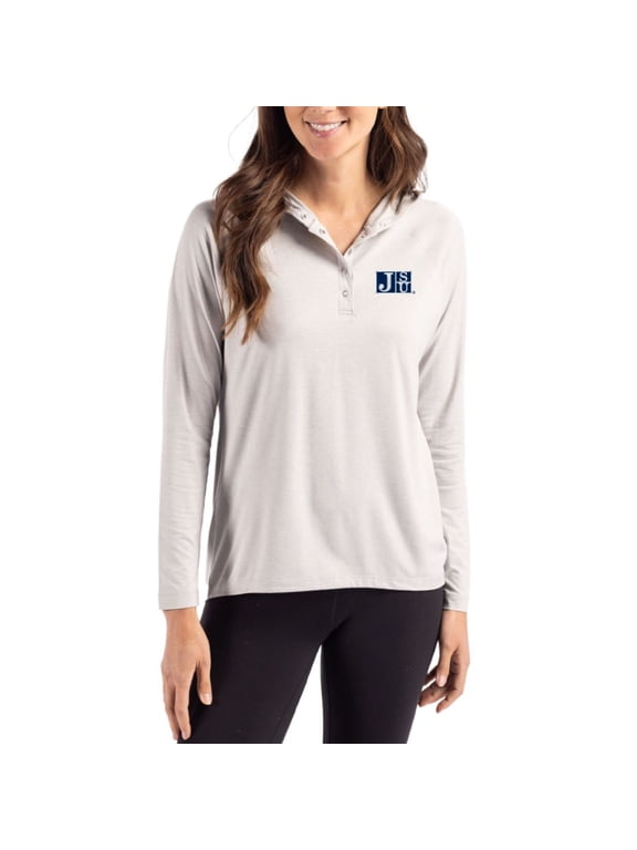 Women's Cutter & Buck Gray Jackson State Tigers Coastline Epic Comfort Recycled Hooded Raglan Quarter-Snap Shirt