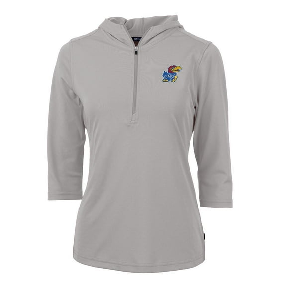Women's Cutter & Buck Gray Kansas Jayhawks Virtue Eco Pique 3/4 Sleeve Half-Zip Pullover Hoodie