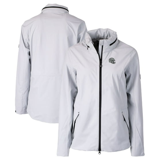 Women's Cutter & Buck Gray Las Vegas Raiders Helmet Logo Vapor Water Repellent Stretch Full-Zip Rain Jacket