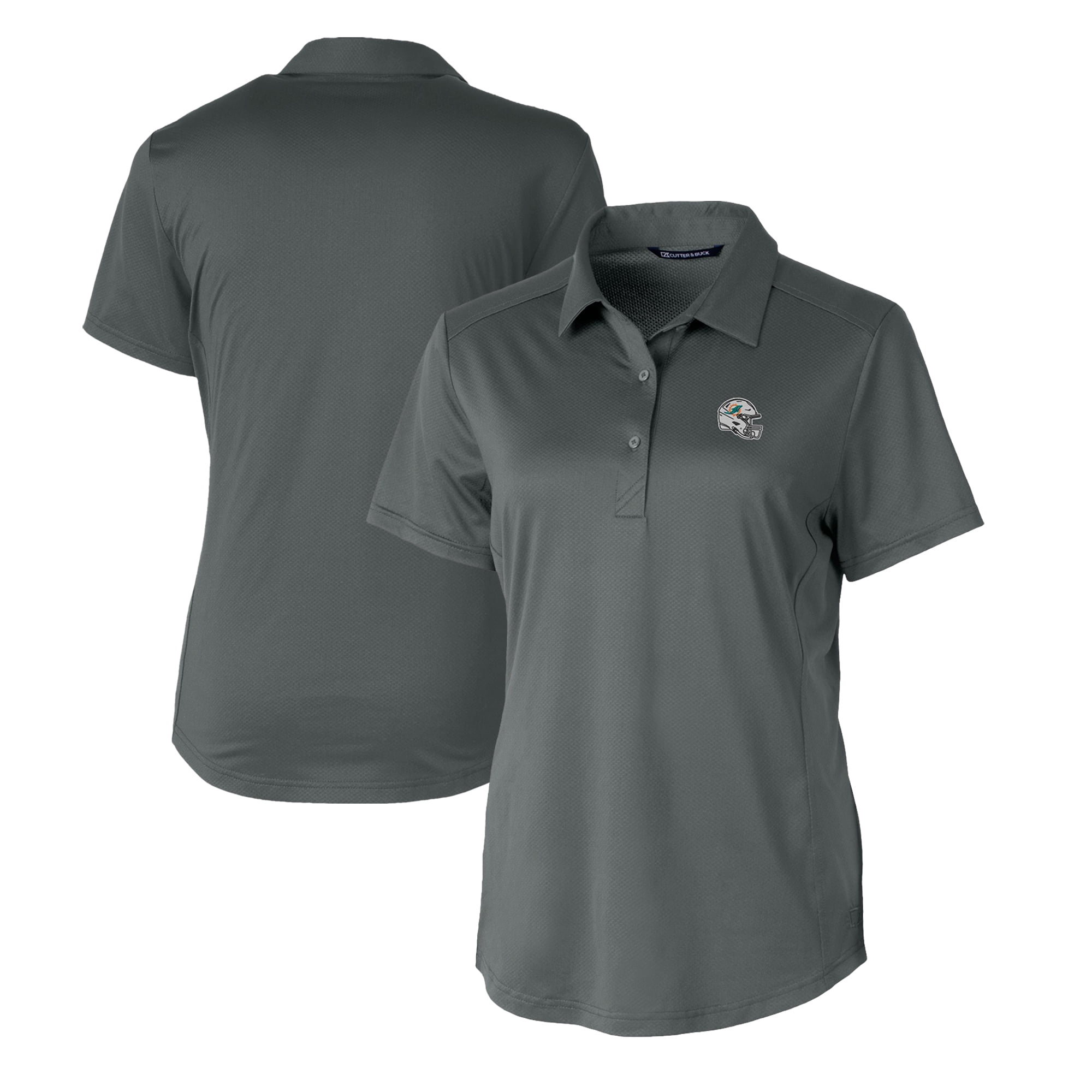 Women's Cutter & Buck Gray Miami Dolphins Helmet Logo DryTec Prospect Textured Stretch Polo