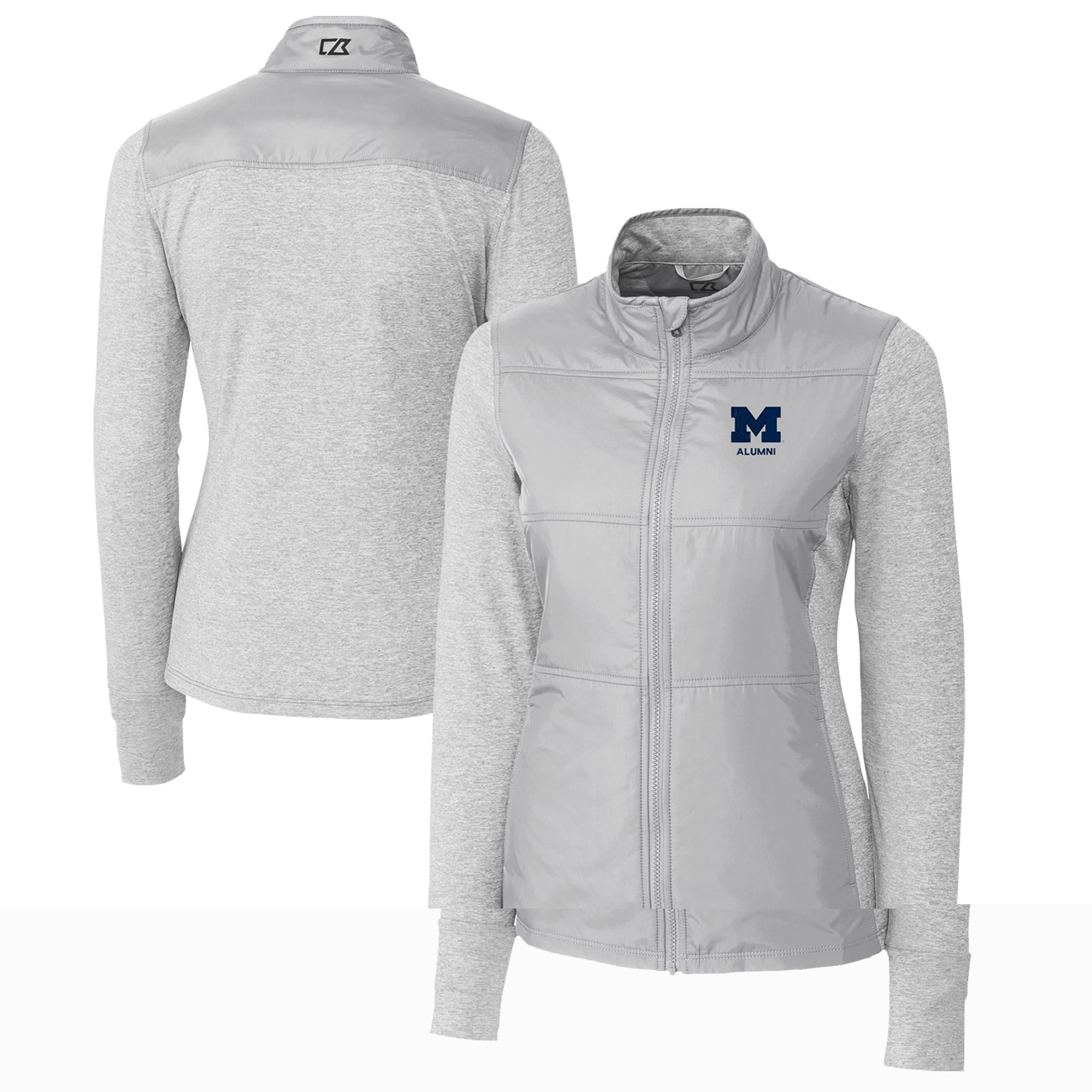 thumbnail image 1 of Women's Cutter & Buck  Gray Michigan Wolverines Alumni DryTec Stealth Hybrid Quilted Full-Zip Windbreaker Jacket, 1 of 3