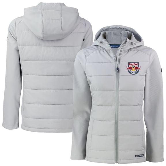 Women's-Cutter & Buck  Gray New York Red Bulls Evoke Hybrid Eco Softshell Recycled Full Zip Hooded Jacket