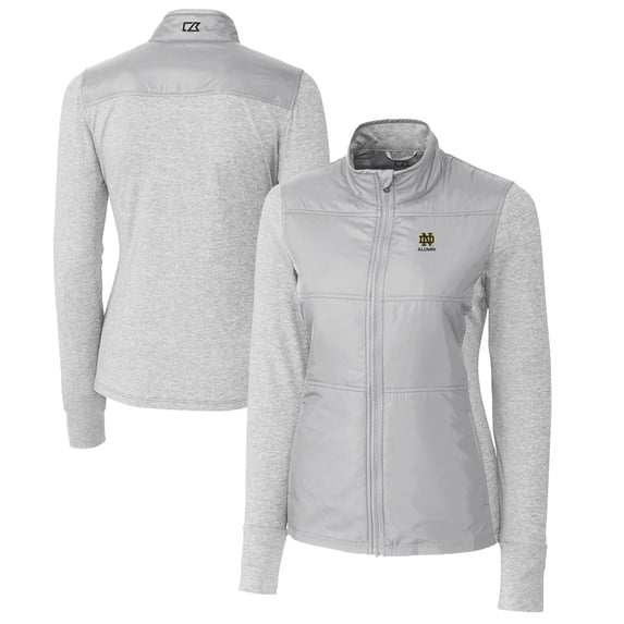 Women's Cutter & Buck Gray Notre Dame Fighting Irish Alumni DryTec Stealth Hybrid Quilted Full-Zip Windbreaker Jacket