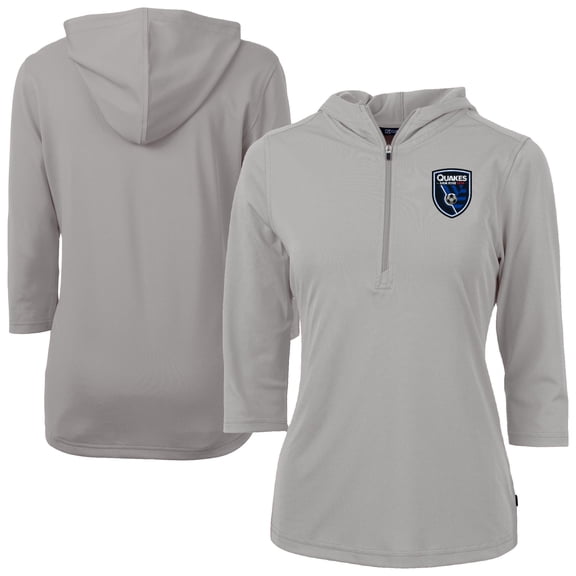 Women's-Cutter & Buck  Gray San Jose Earthquakes Virtue Eco Pique Recycled Half-Zip Pullover Hoodie