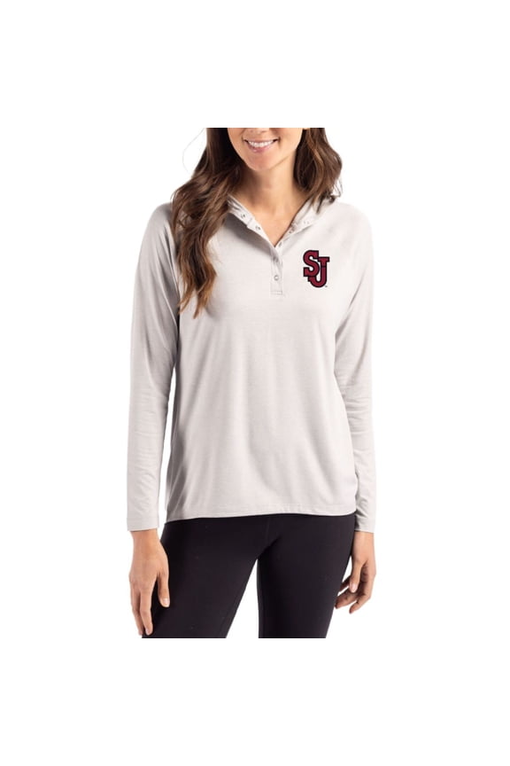 Women's Cutter & Buck Gray St. John's Red Storm Coastline Epic Comfort Recycled Hooded Raglan Quarter-Snap Shirt