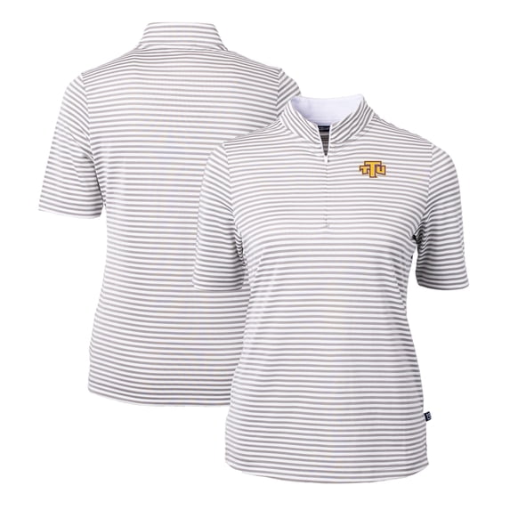 Women's Cutter & Buck Gray Tennessee Tech Golden Eagles DryTec Virtue Eco Pique Stripe Recycled Polo