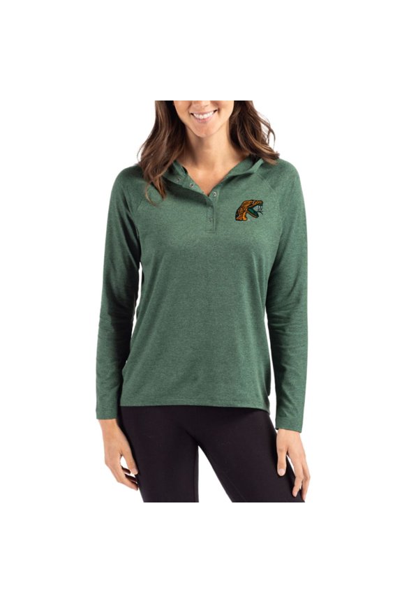 Women's Cutter & Buck Green Florida A&M Rattlers Coastline Epic Comfort Recycled Hooded Raglan Quarter-Snap Shirt