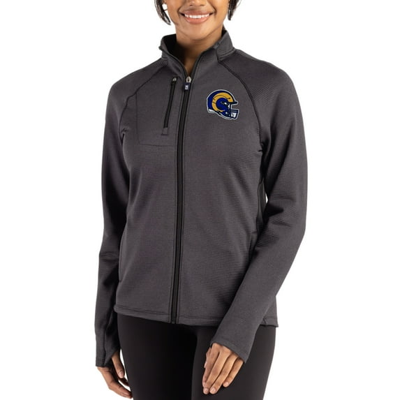 Women's Cutter & Buck Heather Black Los Angeles Rams Peshastin Fleece Recycled Raglan Full-Zip Jacket