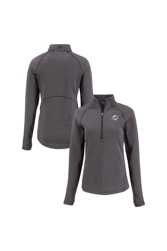 Women's Cutter & Buck Heather Black Miami Dolphins Peshastin Eco Fleece Recycled Tri-Blend Raglan Half-Zip Jacket