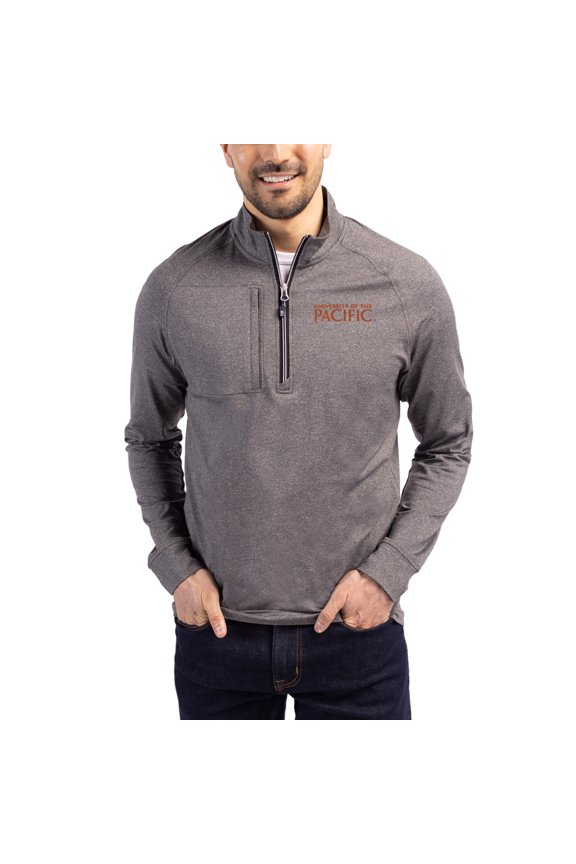 Women's-Cutter & Buck Heather Black Pacific Tigers Adapt Eco Knit Stretch Recycled DryTec Raglan Quarter-Zip Pullover