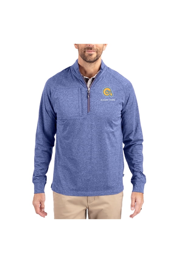 Women's-Cutter & Buck Heather Blue Albany State Golden Rams Adapt Eco Knit Stretch Recycled DryTec Raglan Quarter-Zip